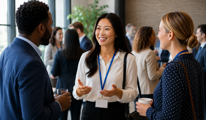Group of business professionals networking at an event.